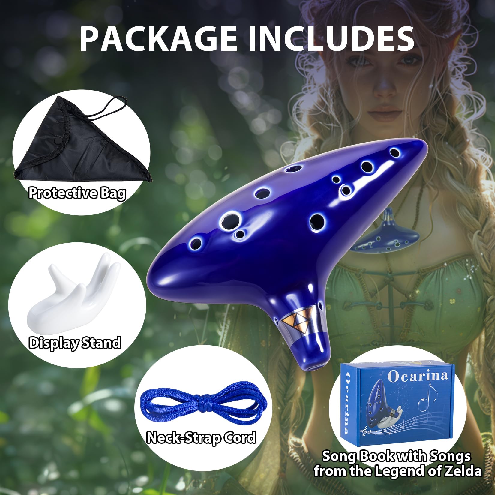 Zelda Ocarina 12 trous Alt C, Ocarina of Time Replica, instruments de guérison sonore pour adultes débutants avec stand d'affichage tutoriel (bleu marine）