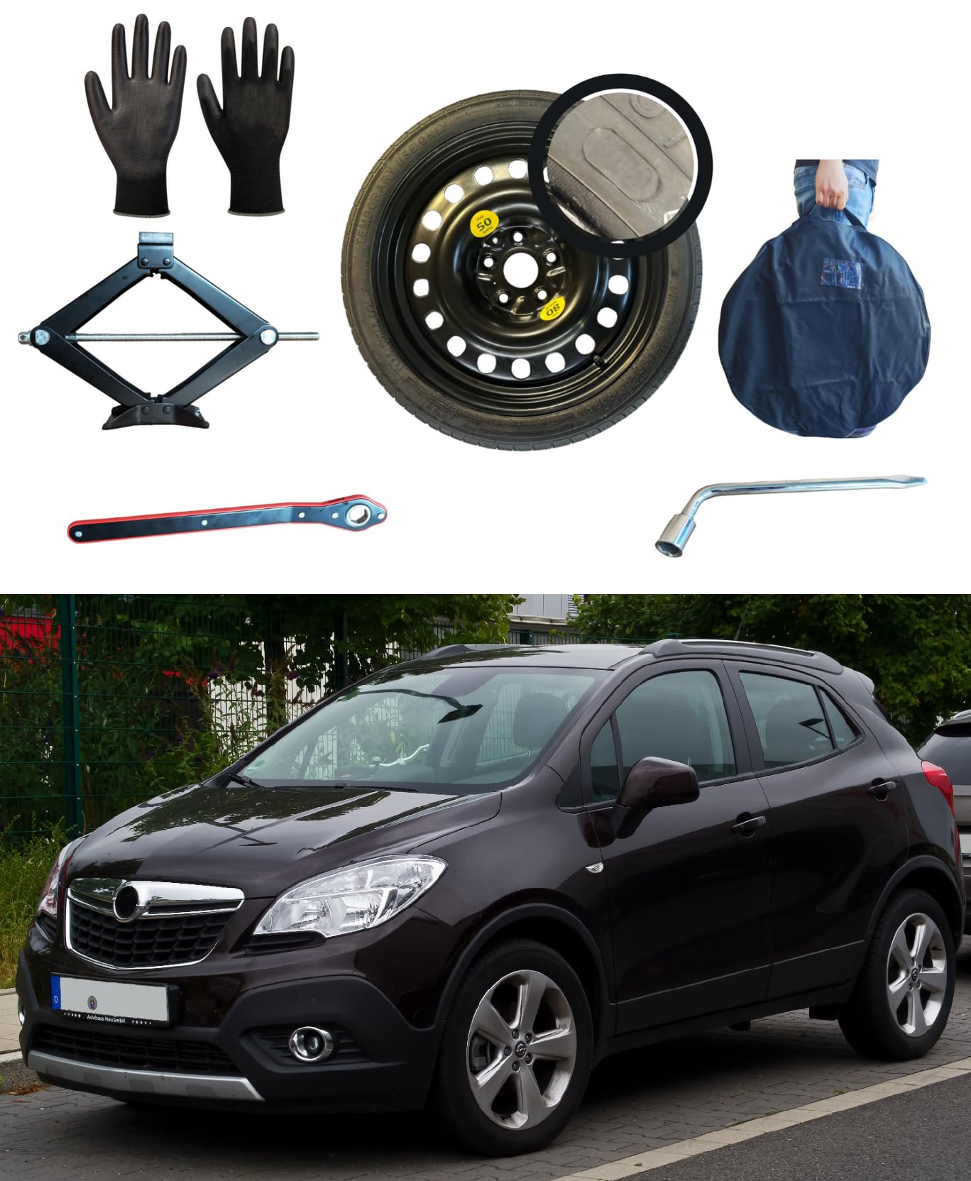 Notrad 16" kompatibel mit Opel Mokka/Mokka X (bis 2019) mit Wagenheber, Schlüssel, Handschuhe und Tasche