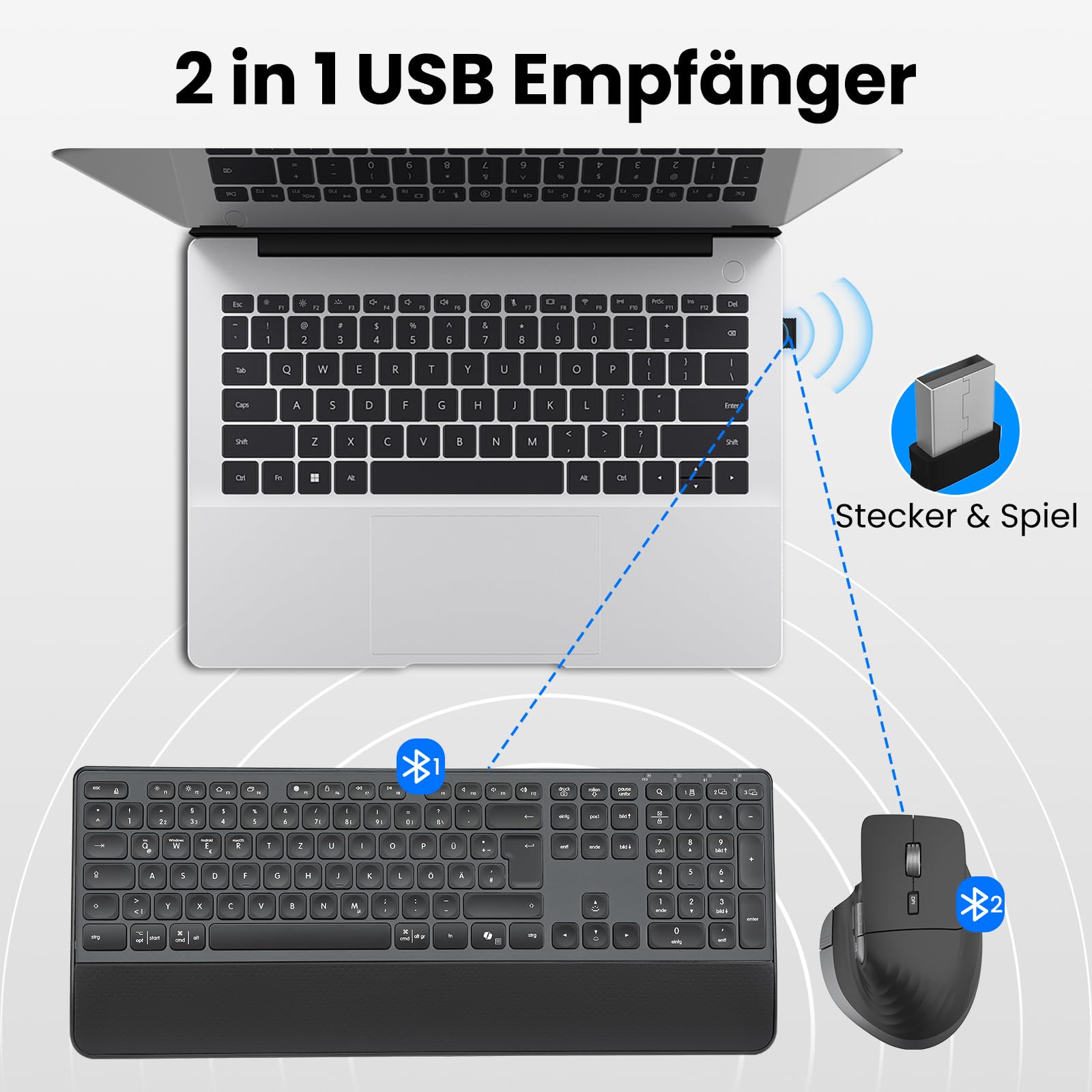 CITLLA M9100 Kabellose Tastatur Maus- Wiederaufladbare Ergonomische Tastatur mit Hintergrundbeleuchtung, Adjustable Ständer und Handgelenkstütze, Hyper Fast Scrolling Maus für Desktop PC Laptop(Grau)