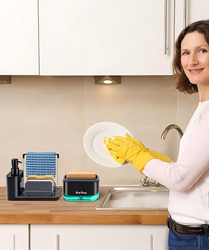 Miniatura 3 de Juego de dispensador de jabón de cocina con bandeja y soporte para esponja, dispensador de jabón para platos y manos con soporte para paños de