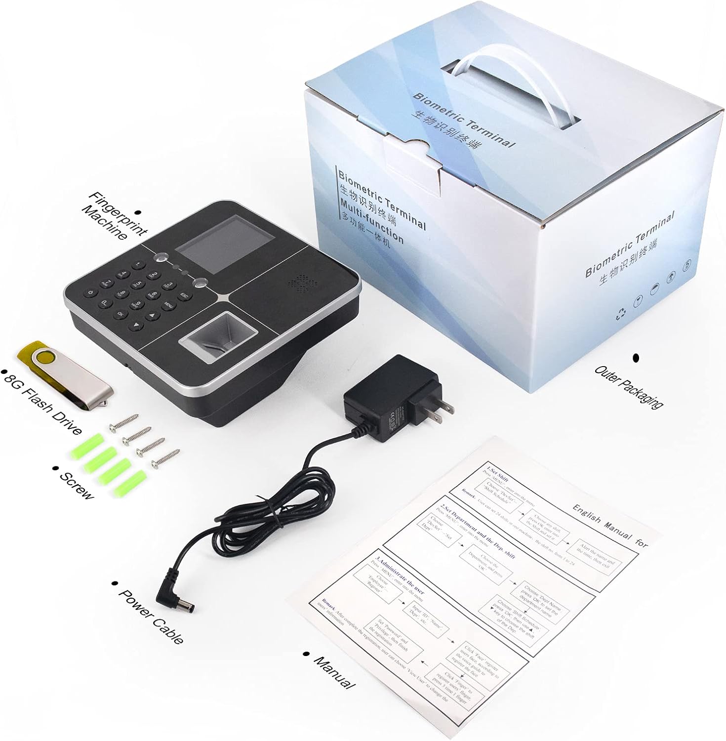 JIAN BOLAND Time Clocks for Employees Small Business Biometric Face Recognition Attendance Terminal Clock Machine Fingerprint Checking-in Recorder USB Download Data No Monthly Fee : Office Products