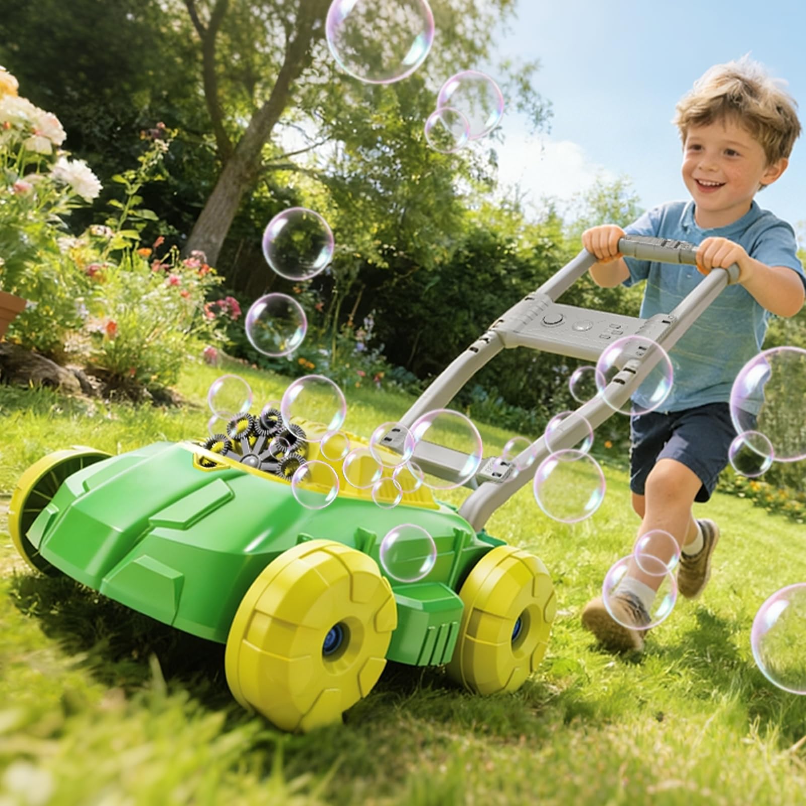 WOANZZ Bubble Lawn Mower Maker Machine with Music, Spill-Proof Design for Kids, 5000+ Colorful Bubbles Per Minute for Indoor Outdoor Play, Perfect Gardening Toy Gift for Kids Ages 3-6,Yellow Green