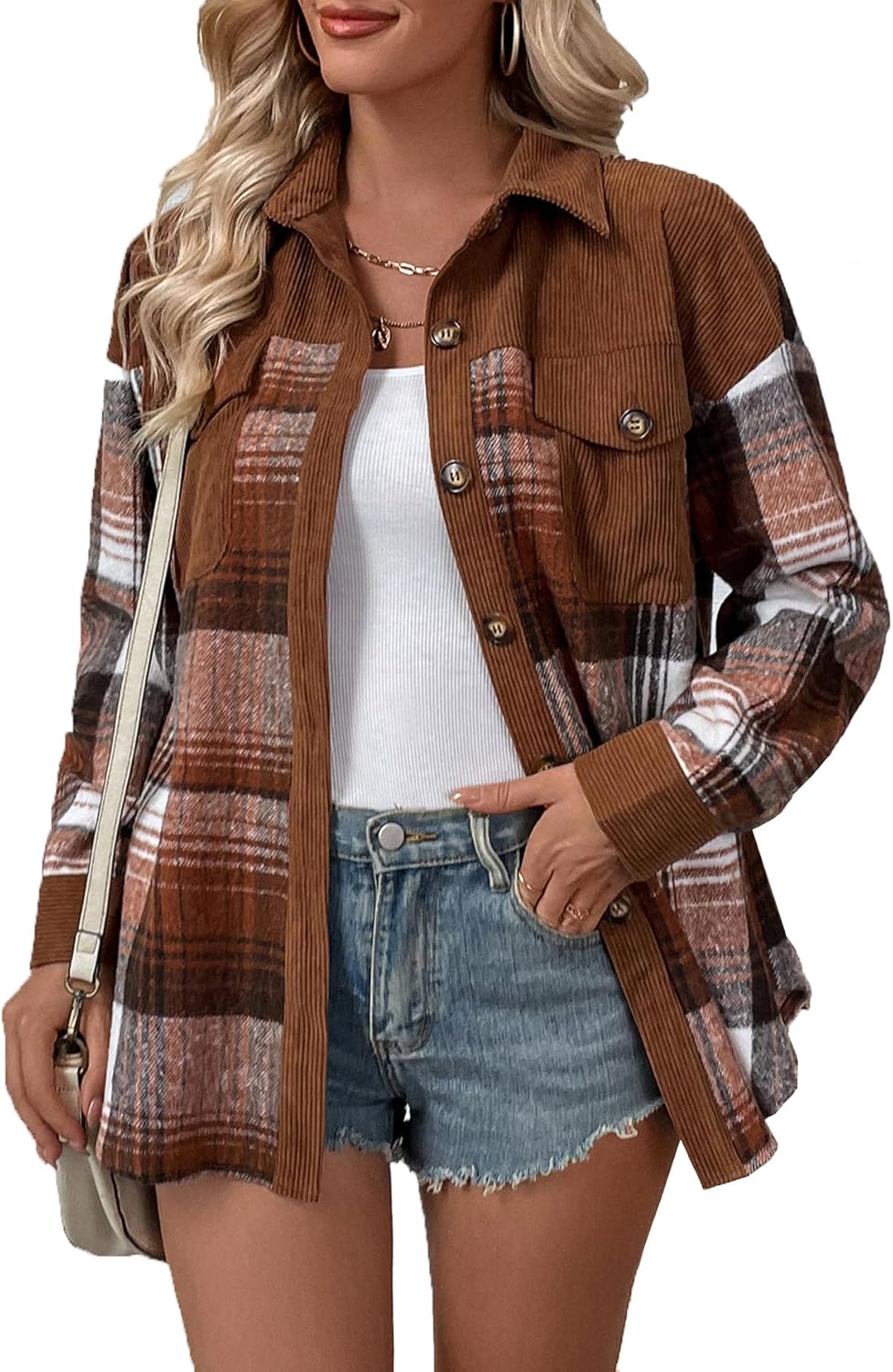 Women's Flannel Shirts Long Sleeve 2024 Fall Collection Plaid with Corduroy Flannel Shirt Women Shackets for Women