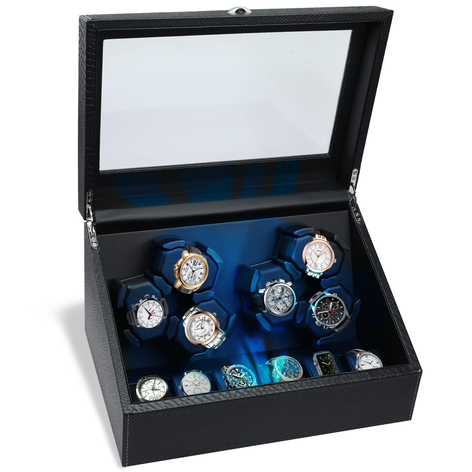 JuviPerpricWatch Winder for Automatic Watches, Automatic Watches with Watches Storages, Automatic Watch Winder with Blue Backlight and Foam Pad, 4 Rotation Modes Rotating Watch Box