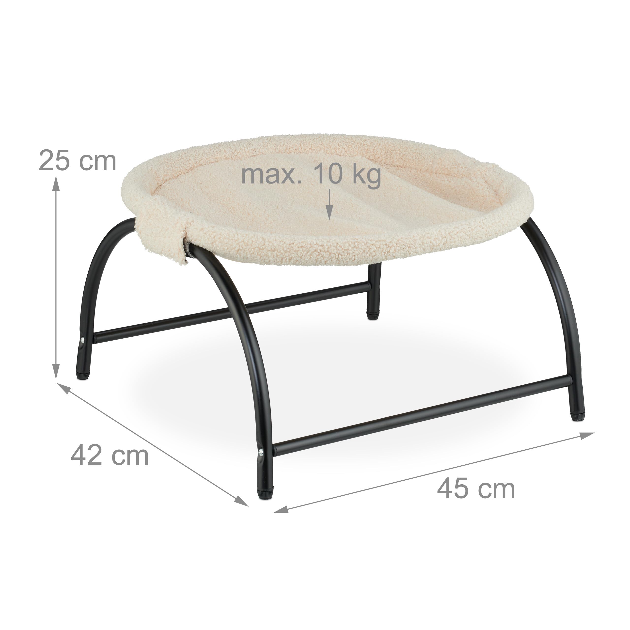 Relaxdays Cama Elevada para Gatos, Hamaca Mascotas, Felpa, 25 x 45 x 42 cm, Colchoneta Felinos con Soporte, Beige/Negro, Acero, Poliéster