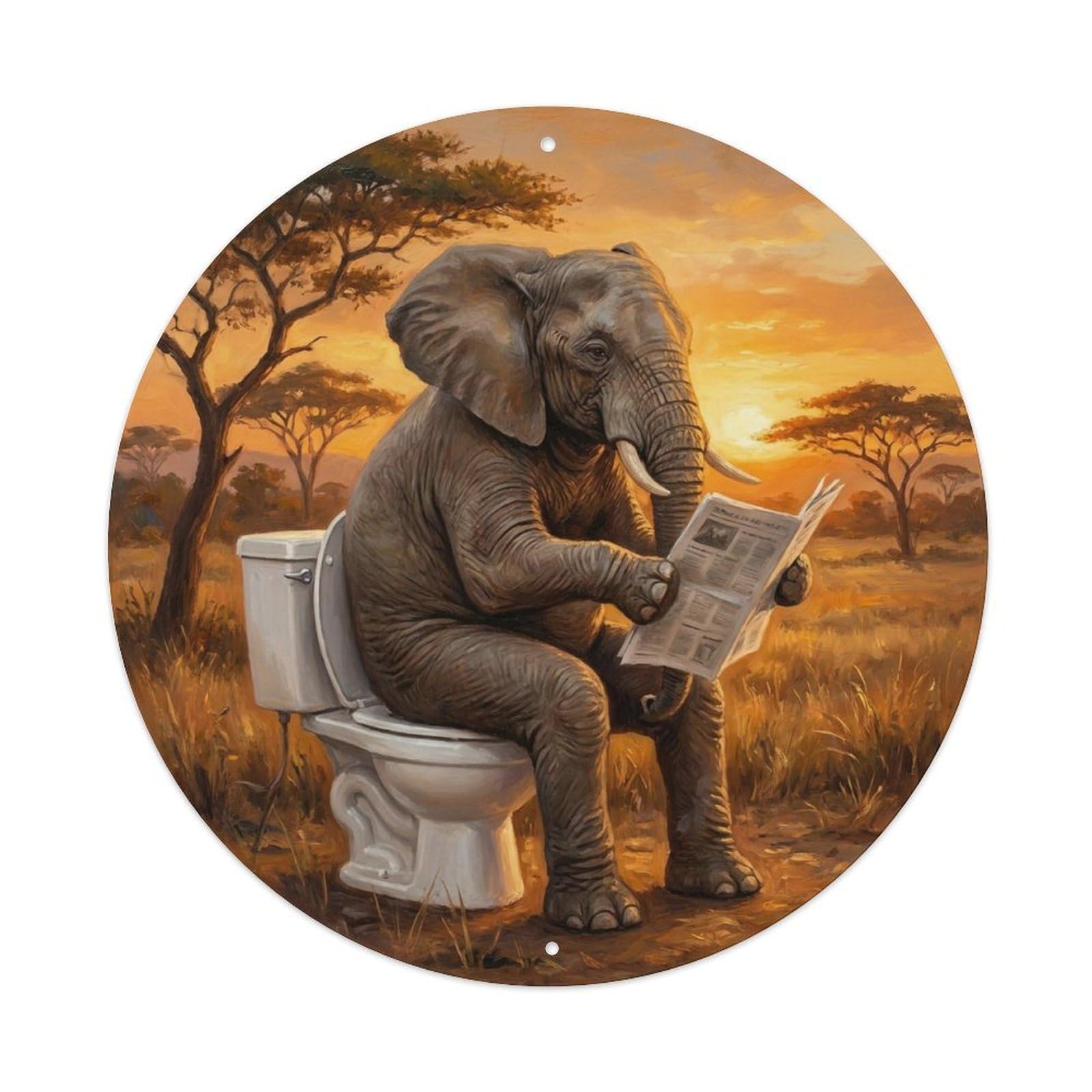 Elephant On Toilet Humorous Bathroom Savanna Sunset Metal Tin Sign