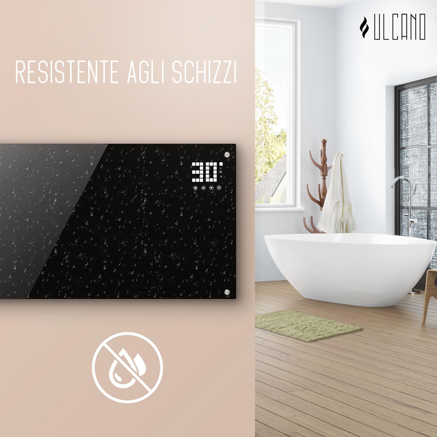 Stufa Elettrica Basso Consumo 2000W (Modalità ECO 1000W), Termoconvettore con Ruote + Montaggio a Parete, Vetro Temperato, Display Touch + Timer + Telecomando, Stufetta con Termostato, Nero