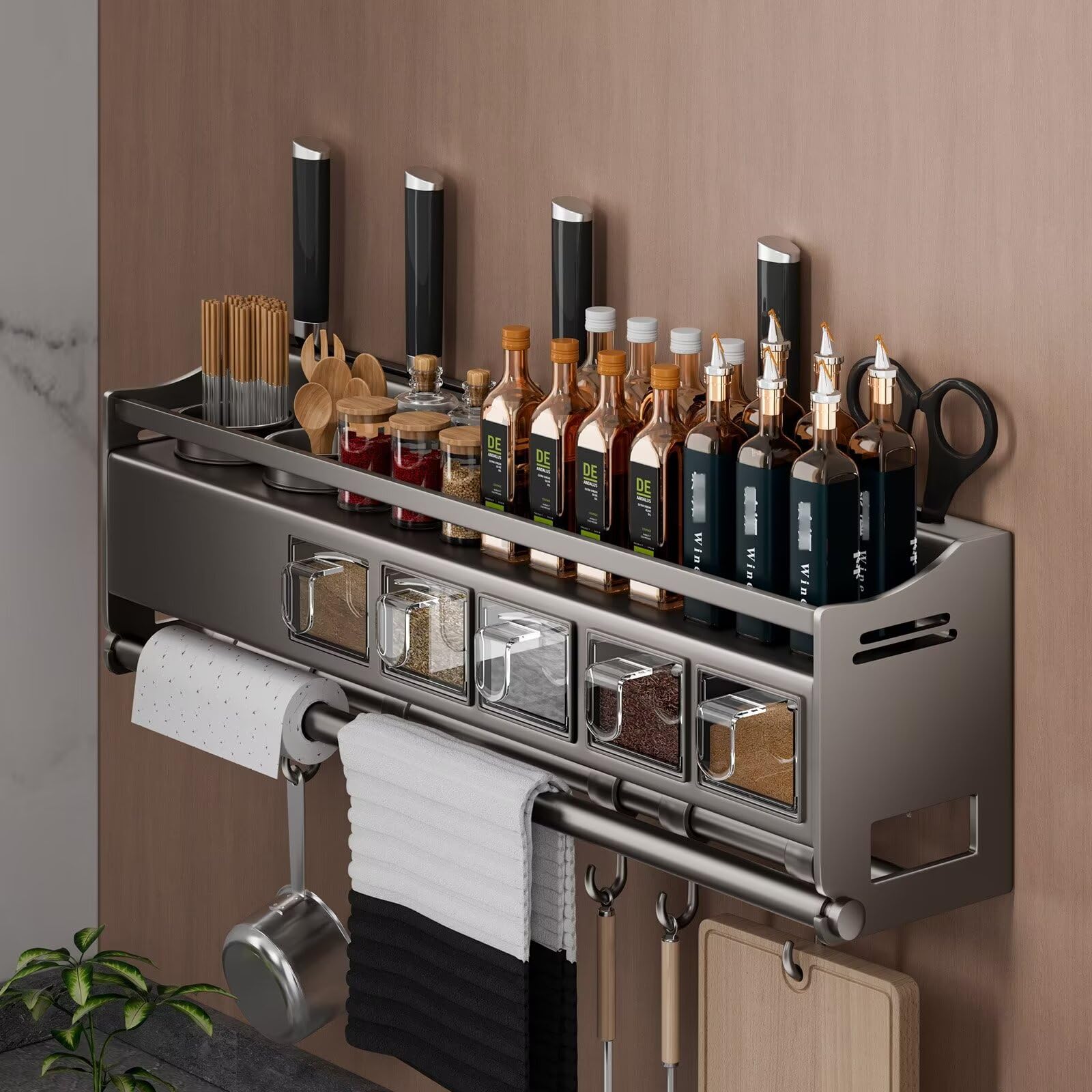 MYUYEE Wall Mounted Spice Rack Stainless Steel Spice Stor Spice Rack Organiser,Kitchen Wall Storage Shelf For Cupboard(Grijs-59X13X18Cm)