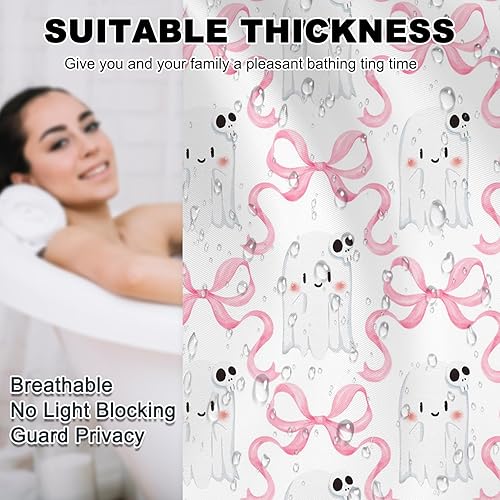 Miniatura 6 de Cortina de ducha de Halloween para baño, bonita cortina de ducha con lazo rosa, calavera y fantasma, para niños, decoración de baño de Halloween,