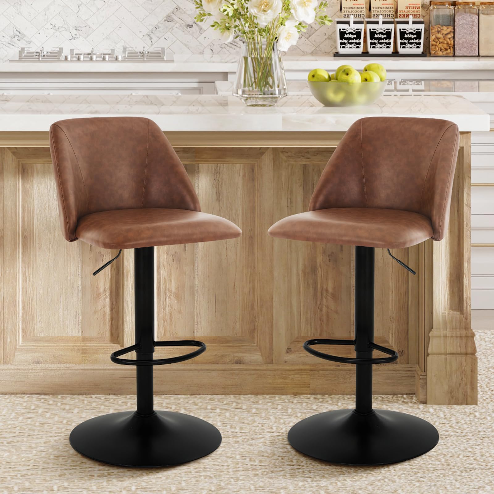Bar Stools Set of 2, Modern Swivel Bar Chairs, Adjustable PU Leather Upholstered Barstools Counter Height with Full Backrest for Bar, Dining Room, Kitchen Island, Brown