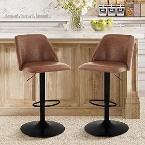 COLAMY Bar Stools Set of 2, Modern Swivel Bar Chairs, Adjustable PU Leather Upholstered Barstools Counter Height with Full Backrest for Bar, Dining Room, Kitchen Island, Brown