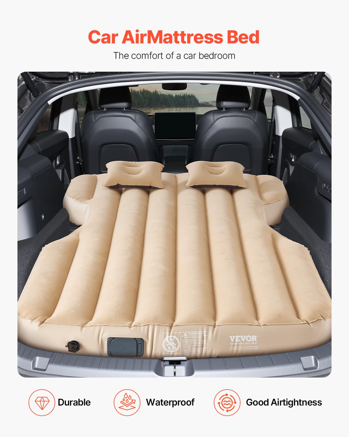 VEVOR Car Air Mattress, Fits Tesla Model Y (2020-2024), Inflatable Car Camping Mattress, Flocking Thickened Blow Up Travel Beds, Durable Portable Sleeping Pad with Built in Pump, 2 Pillows, Beige