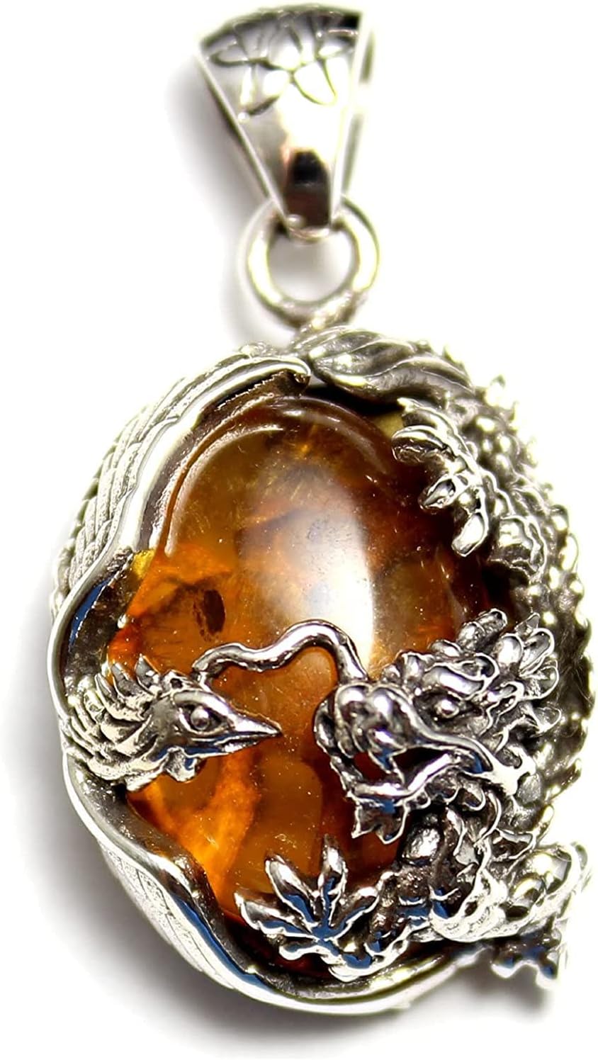 COSUMOSU Dragon Pendant – 925 Sterling Silver with Brown Amber Gemstone – Unisex Mythical Jewelry for Men and Women