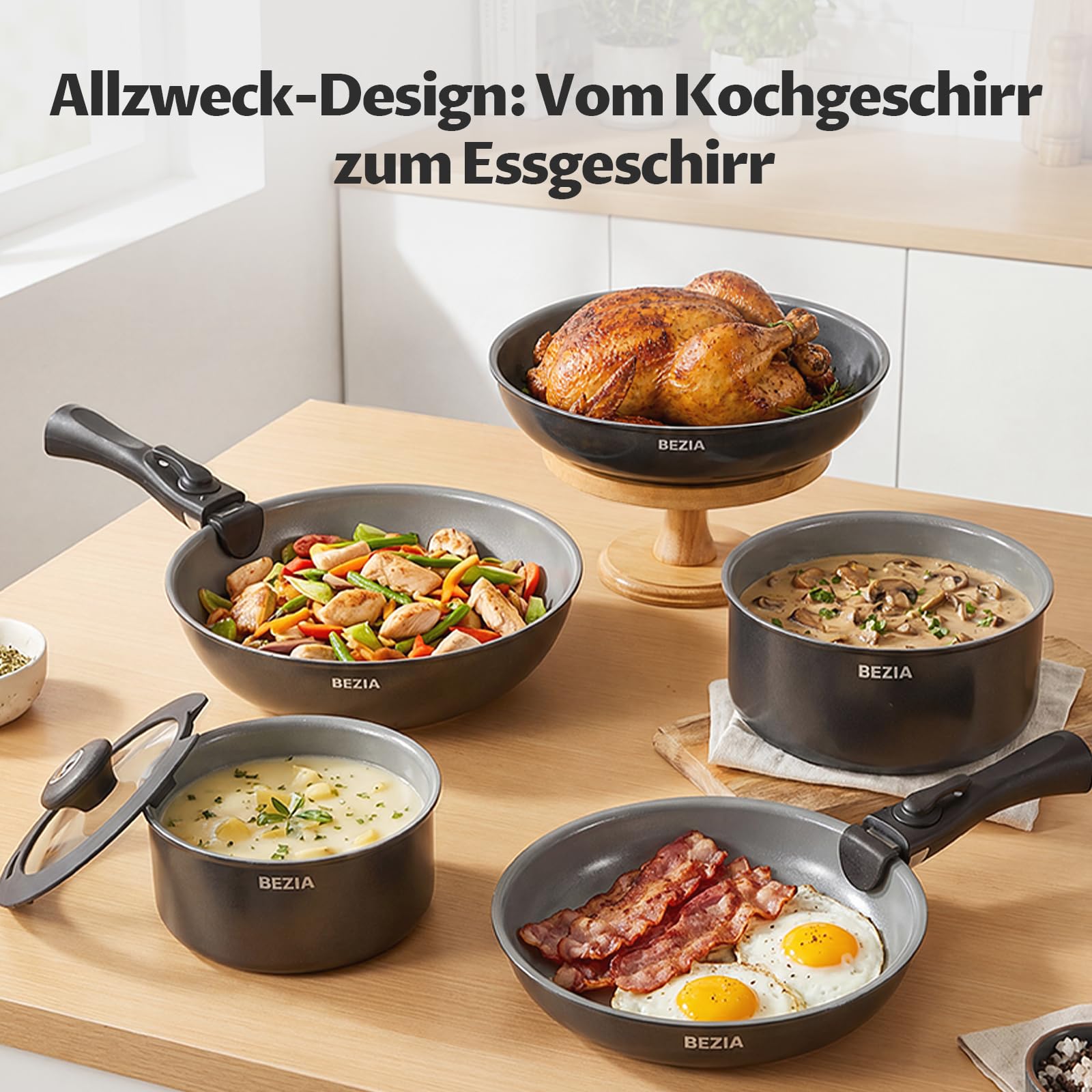 BEZIA Pfannen und Topfset mit abnehmbarem Griff, 13-tlg. Topf- & Pfannenset | Stapelbares Keramik Kochgeschirrset Induktion für Gesundes Kochen, PFAS/PTFE-frei, Ofenfest & Platzsparend für Küche/Camping