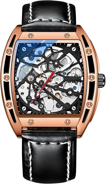 RORIOS Mens Automatic Mechanical Watch Luminous Watch with Leather Strap Skeleton Barrel Wrist Watch, Pink/Black, 240MM, Strap