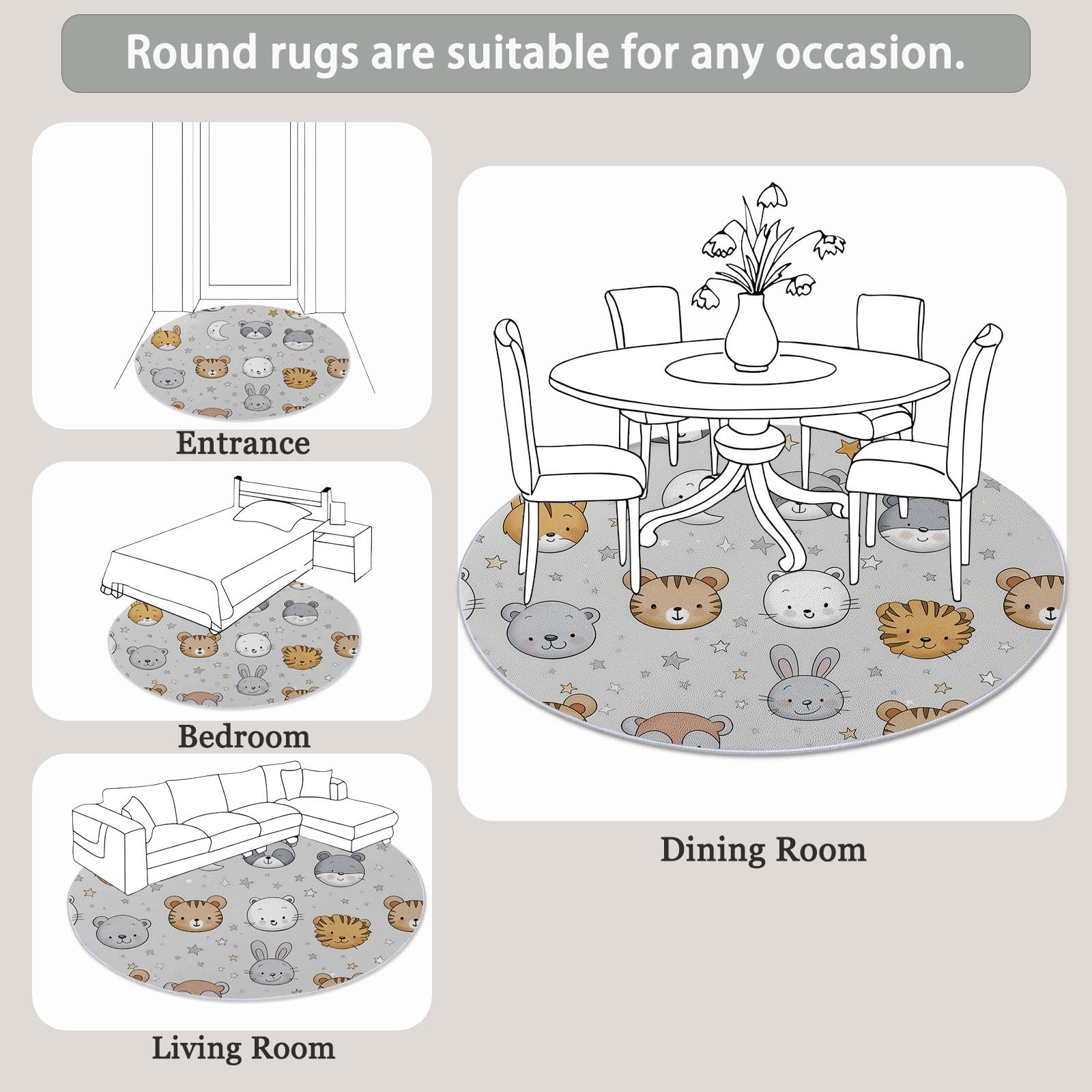 Générique Tapis Rond Dessin Animé Animaux Lune Étoiles - Décoration Intérieure Flanelle Tapis Rond De Foyer D'entrée Lavable Antidérapant pour Salon Chambre Cuisine Balcon Bureau 120 cm, Gris Clair