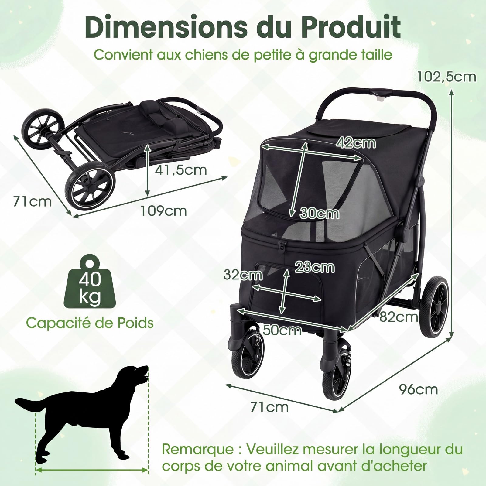 COSTWAY Poussette pour Chien Chat Pliable, Grand Entrée Basse, Auvent Réglable, Charge 40 kg, Chariot pour Chien Chat à 4 Roues, Poches de Rangement, Laisse de Sécurité, Coussin (Noir,Style 16)