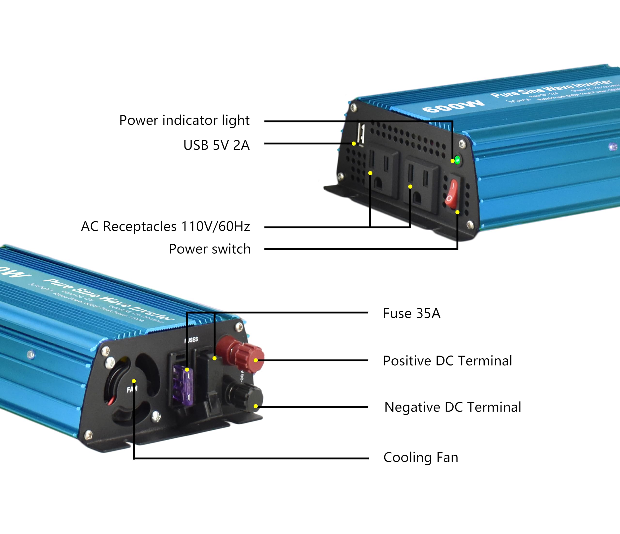 600W Pure Sine Wave Inverter 12V To 230V AC With BS Socket,DC5V 2 Amp USB Output
