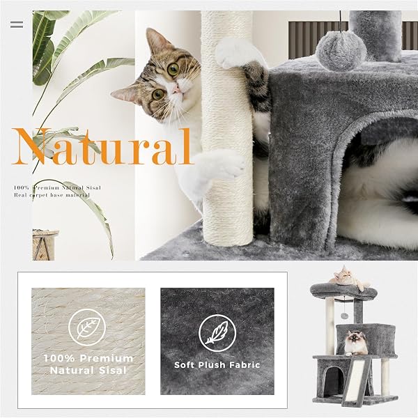 PETEPELA Cat Tree 90cm Cat Tower with Double Condos, Removable Spacious Perch, Fully Wrapped Scratching Posts for Indoor Cats, Replaceable Dangling Balls, 35 Inches Grey - 3