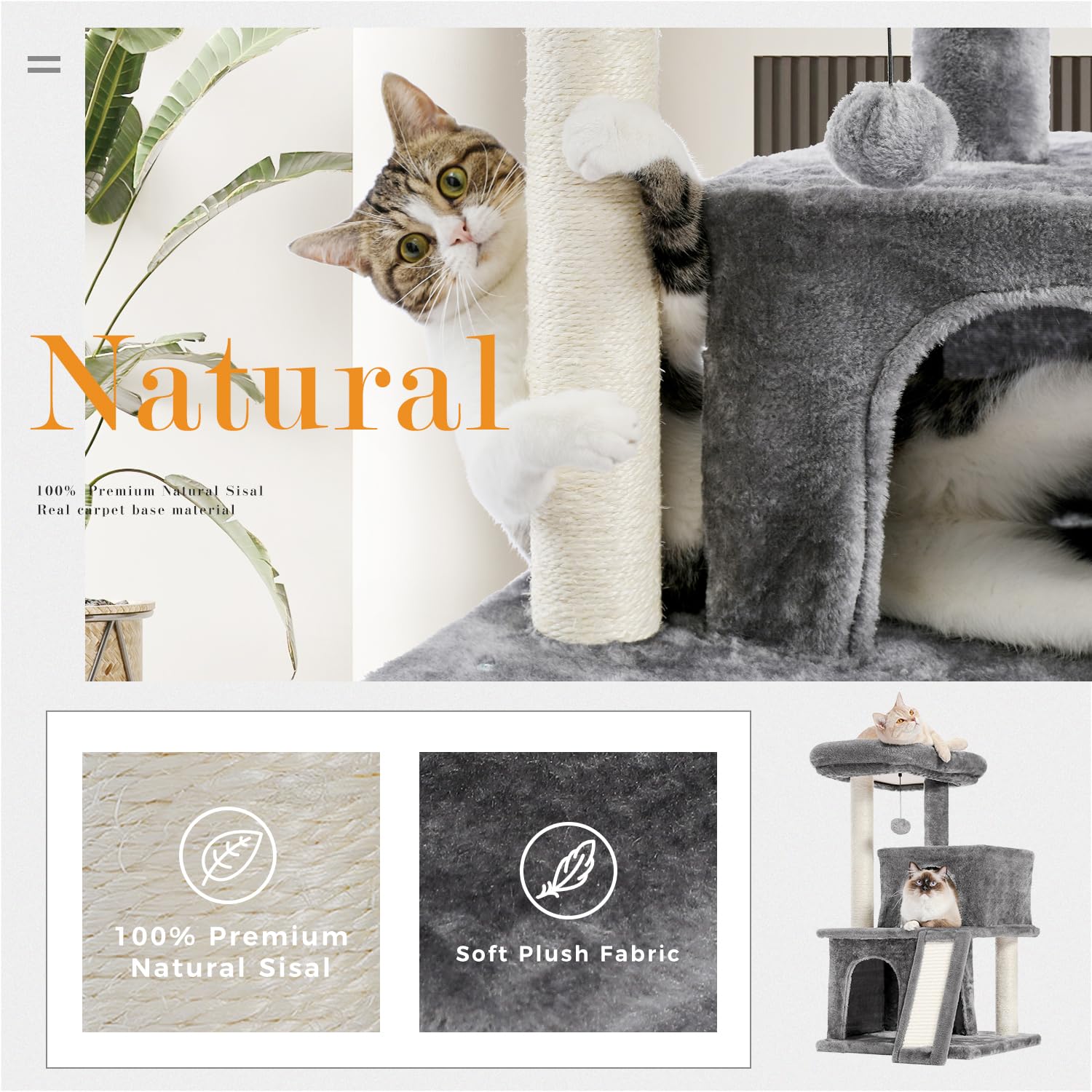 PETEPELA Rascador para gatos, 86 cm | Con cuerda de sisal, tumbona de peluche, 2 cuevas, juguete para gatos, gris