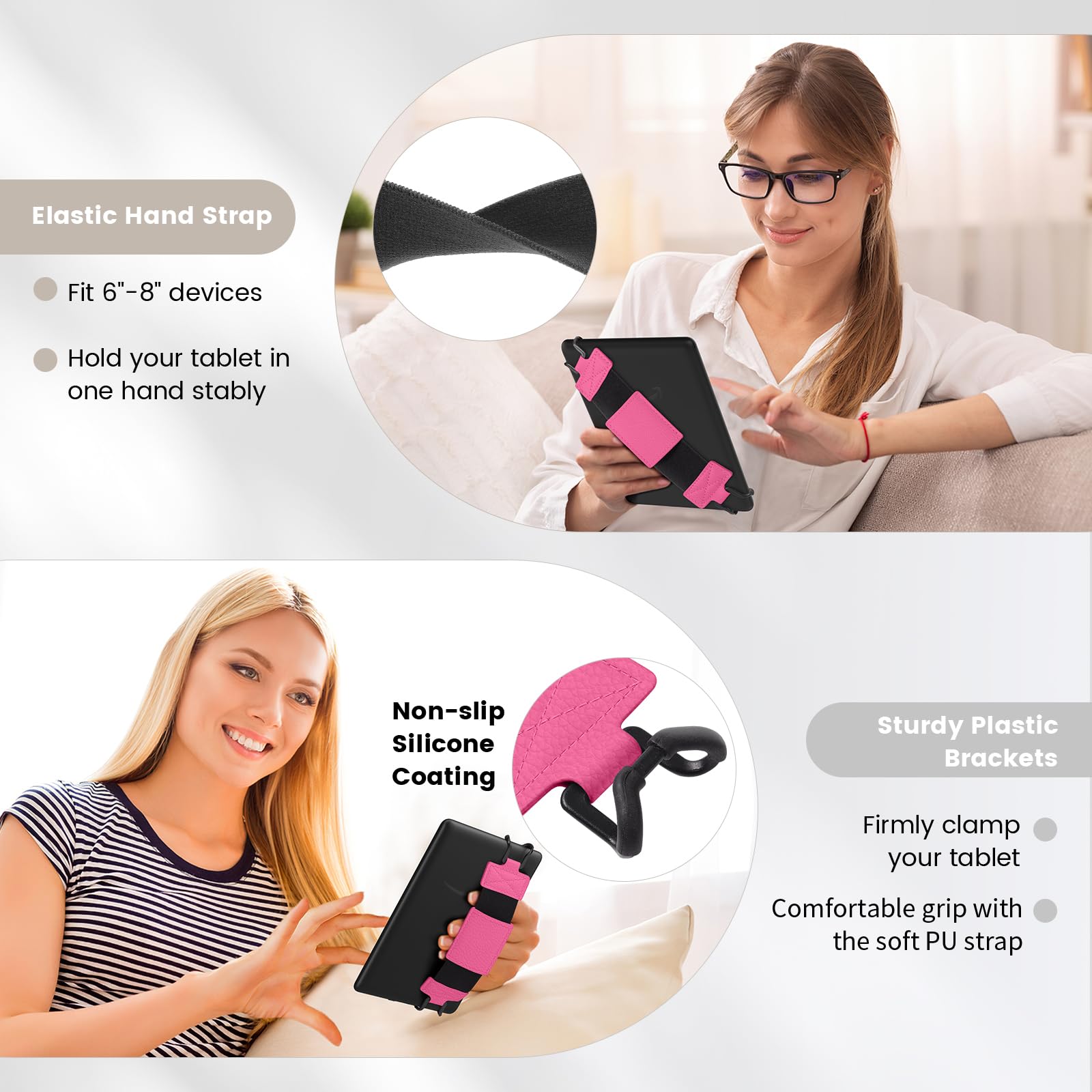 MoKo Cinturino Universale per E-Reader Tablet 6-8 cali, Morbido Supporto Mano, Fascia Elastica Impugnatura, Fiori Magenta