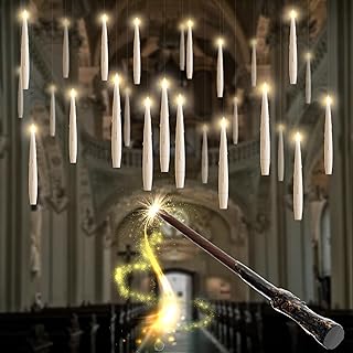 Floating Candles with Wand, 12 Pack Flameless Candles with Flickering Flame, Battery Powered Candles with Wand, Flameless Magic Hanging Taper Candles for Halloween Christmas Decor, Ivory