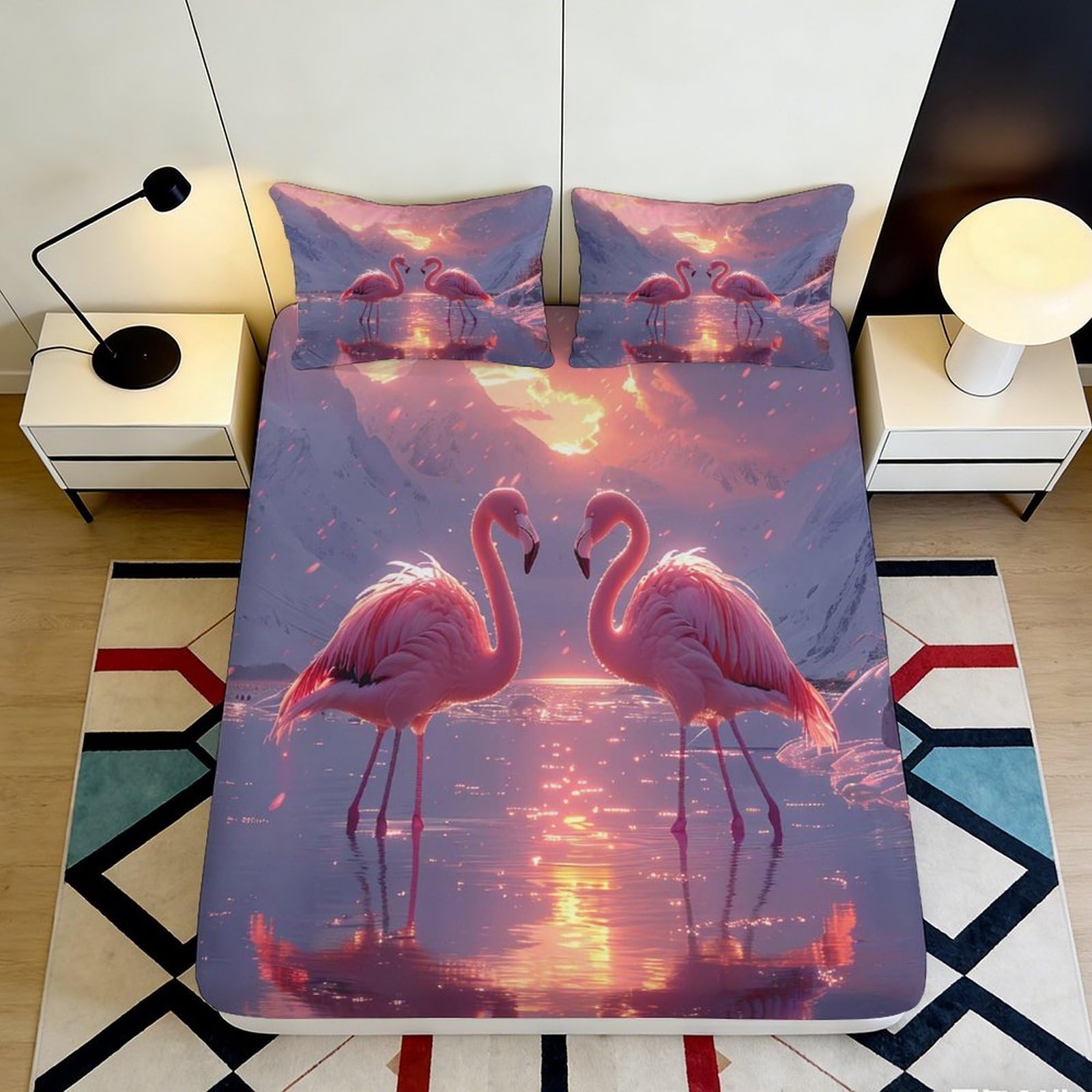 3D Printed Sunset Flamingo Fitted Sheet Microfiber Soft Anti-Slip Pink Lake Bed Cover for Bedroom Dorm Decor 90x200x25cm