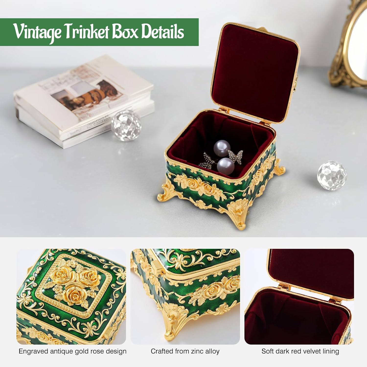 Vintage Jewelry Box, Gold Square Treasure Ring Box, Metal Trinket Organizer Keepsake Box Gift for Girl Women, Green - Image 3