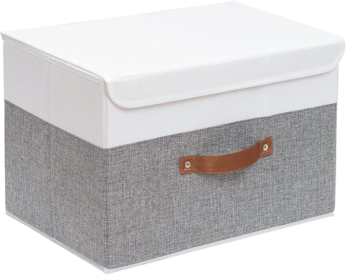 Contenedores de almacenamiento plegables Yawinhe,blanco/gris, 13.0x9.0x7.9in,1 paquete | Caja de almacenamiento de tela con tapas, cesta organizadora de cubos lavables; Contenedor de tela con mango de cuero, organizador de armario para el hogar