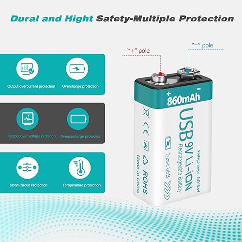 Miniatura 4 de Batería recargable de litio USB de 9 V de 860 mAh con cable de carga 4 en 1, baterías de 9 voltios 6f22 para detectores de humo (paquete de 8)