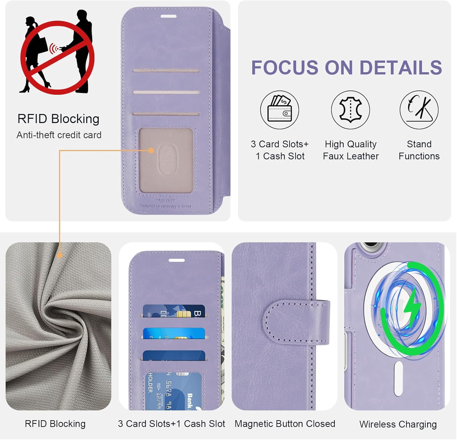 VANAVAGY Compatible for iPhone 16 Wallet Case for Magsafe Wireless Charging, PU Leather Flip Folio Case with Wristlet [Screen Protector & Camera Cover] with RFID Blocking Card Holder,Clove Purple