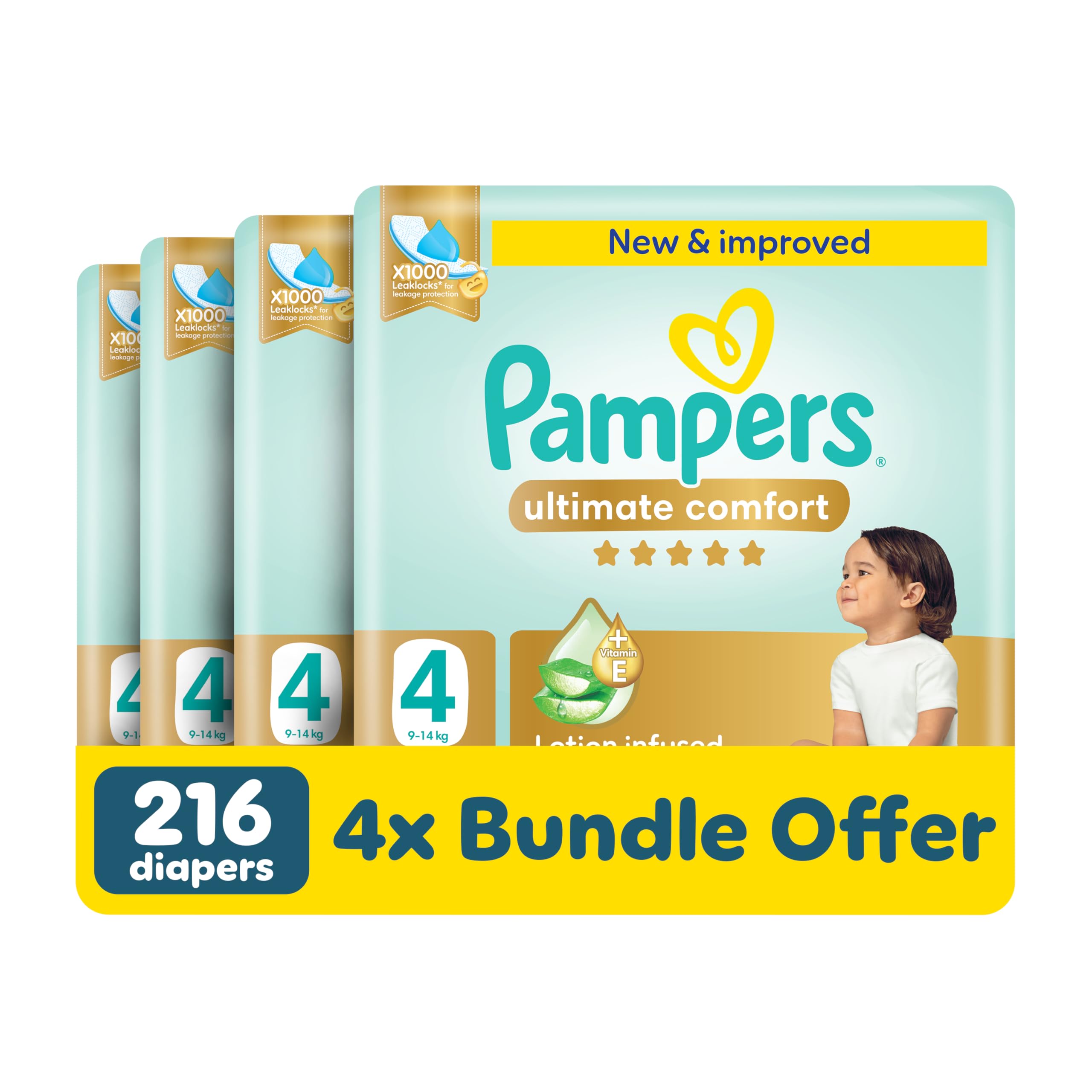 Pampers Ultimate Comfort Taped Diapers, Size 4, 9-14kg, Lotion infused with Aloe Vera and Vitamin E, x1000 Leak Locks Technology for Leakage Protection, 216 Count