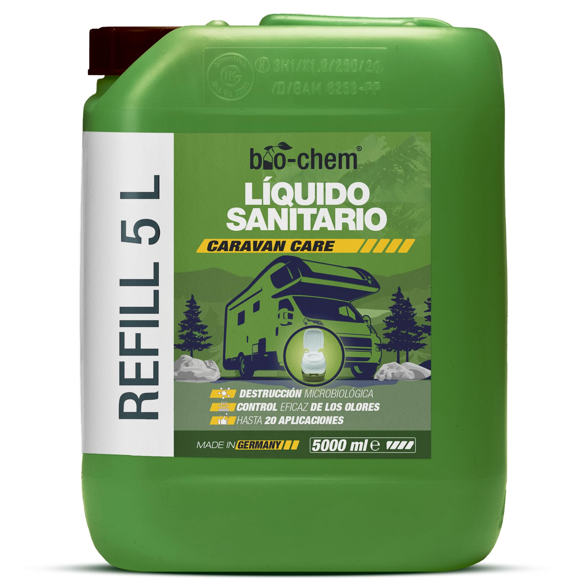 Bio-Chem - Líquido Sanitario 5L Nueva fórmula con microorganismos para WC químicos de caravanas - Aditivo Sanitario Concentrado para WC portátiles de Camping - Vaso medidor Incluido
