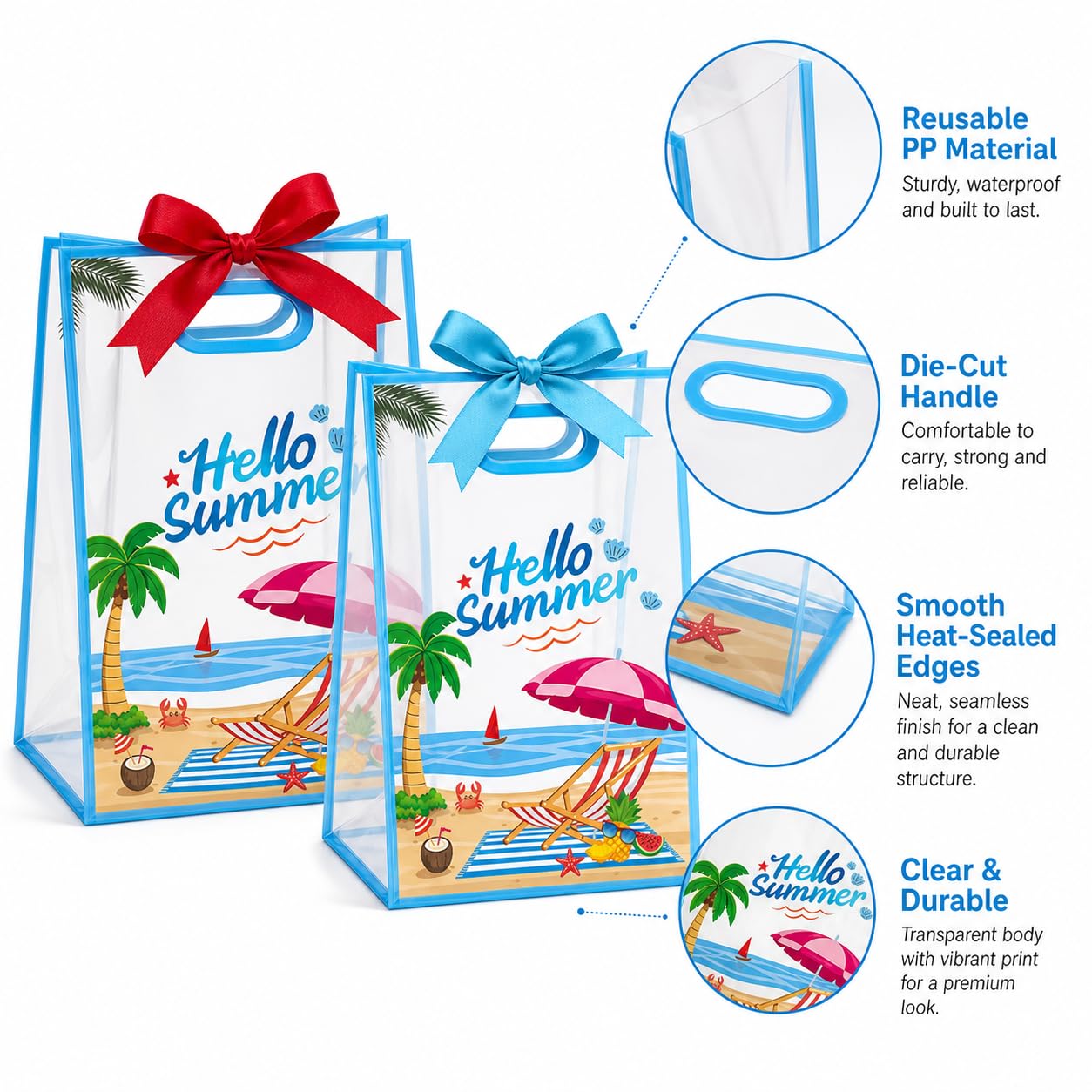 28Pcs Hello Summer Clear Gift Bags, Clear Beach Bag with Handles Ribbon Bows, Pool Party Favor Bag Hawaiian Goodie Candy Snack Treat Bag for End of School Year Summer Birthday Pool Beach Party Supply