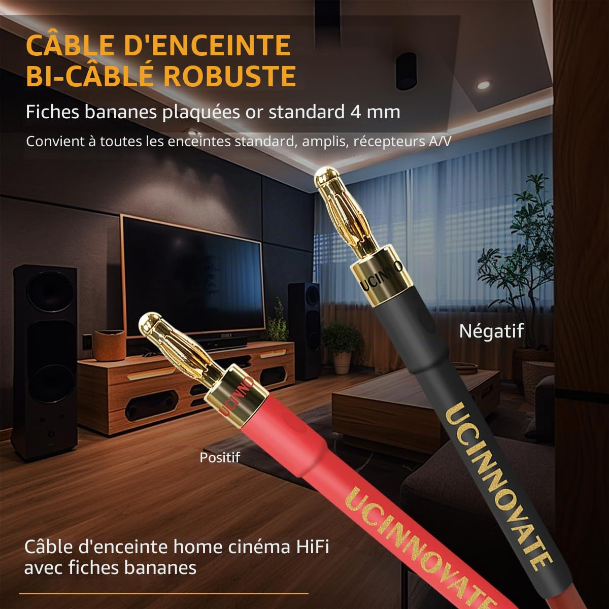 Lot de 2 câbles de haut-parleur HiFi OFC avec fiches bananes, audiophiles - 4 m - Avec fiches banane plaquées or - 600 torons - 14 AWG - Pour haut-parleurs audio, systèmes Hi-Fi, home cinéma