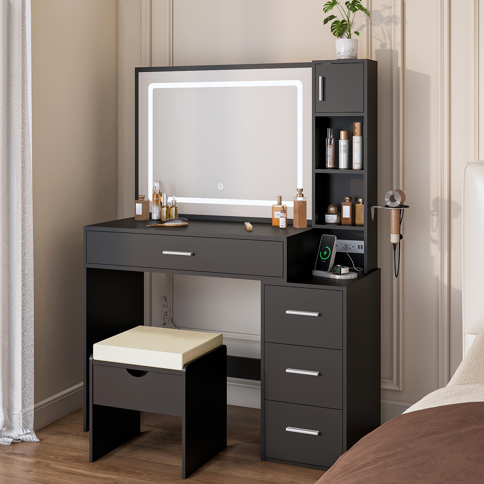 Photo 1 of Viaozutis Vanity Desk with LED Mirror and Storage Stool - Black