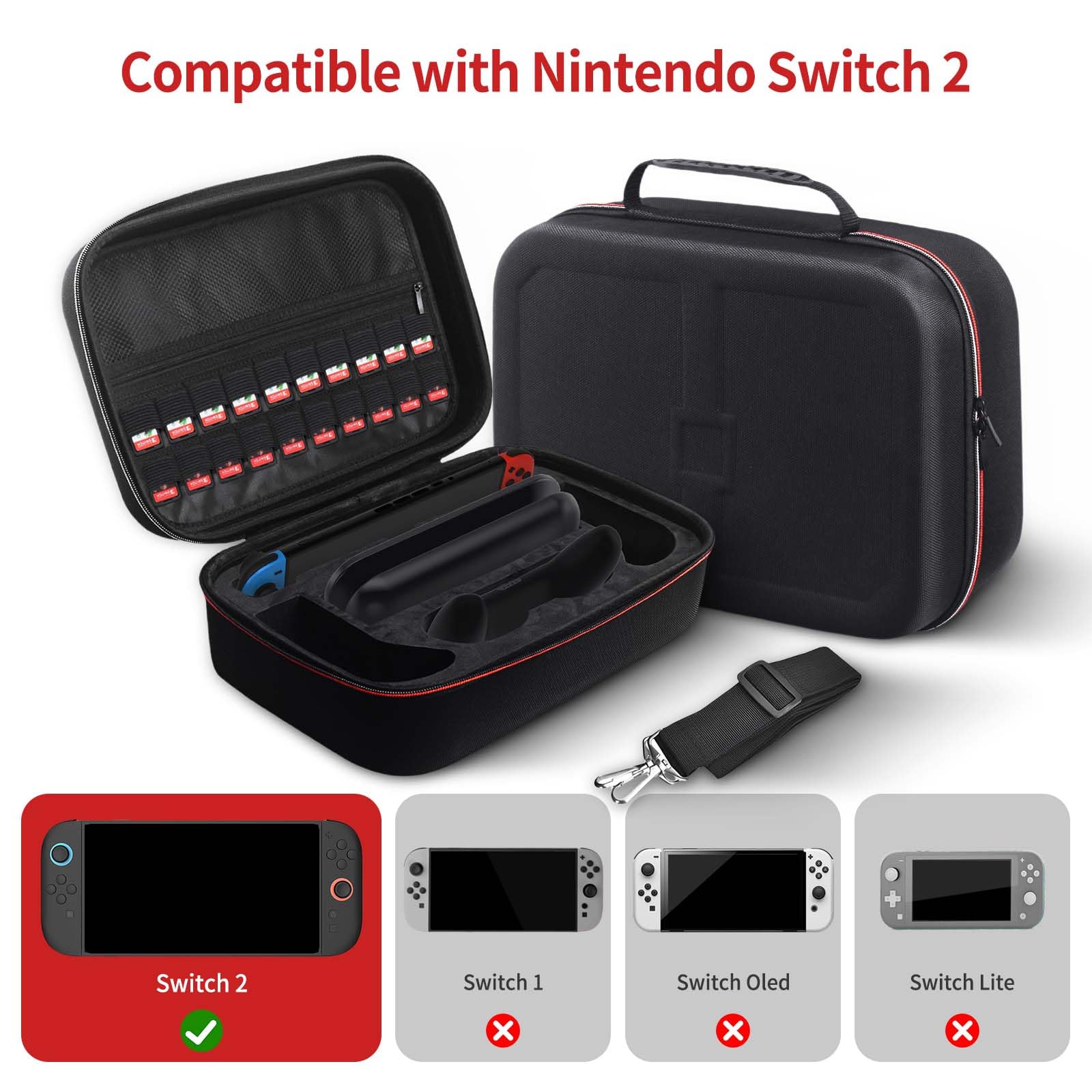 AriKroii Étui pour Nintendo Switch 2,Sacoche de Protection et Transport Big Carry Case Console pour Switch 2,Filets Rangement Accessoires , 20 Compartiments Jeux (Noir)