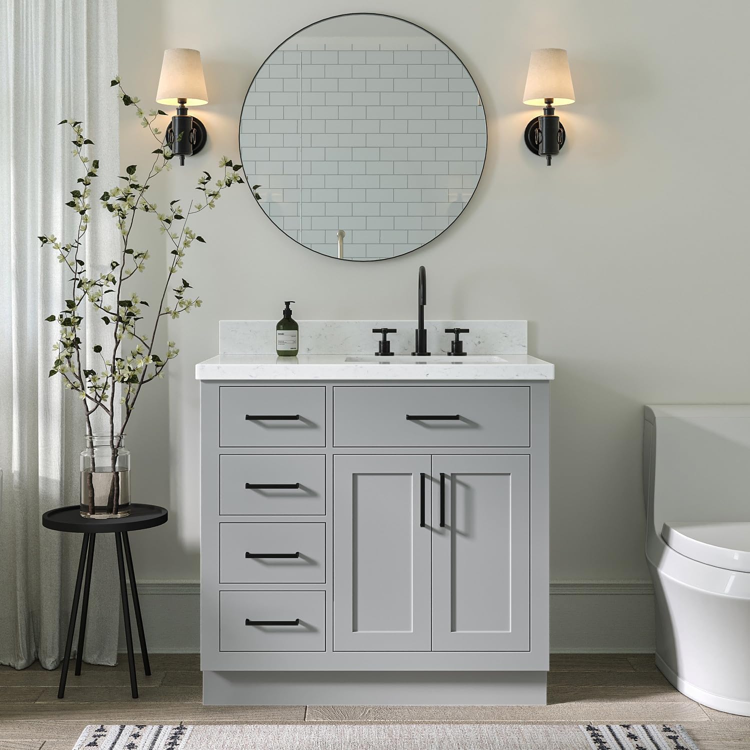 ARIELHepburn 36" Grey Bathroom Vanity, 1.5" Edge Carrara Quartz Countertop & Splash, Right Rectangular Sink, 2 Soft Closing Doors, 5 Full Extension Dovetail Drawers, Toe Kick, Matte Black