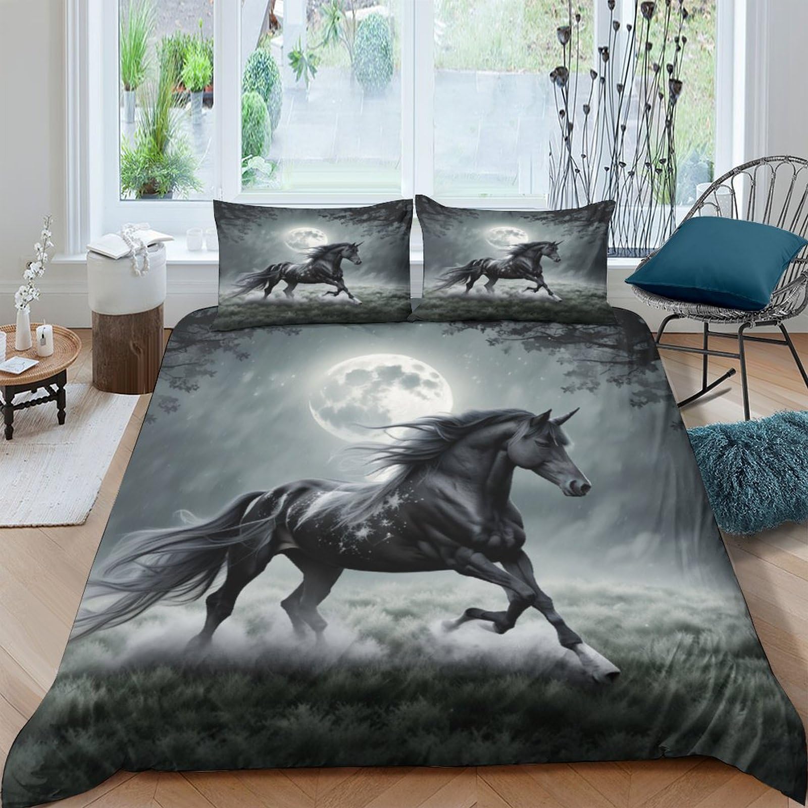 Housse de couette cheval 3D sans repassage pour lit double 200x200