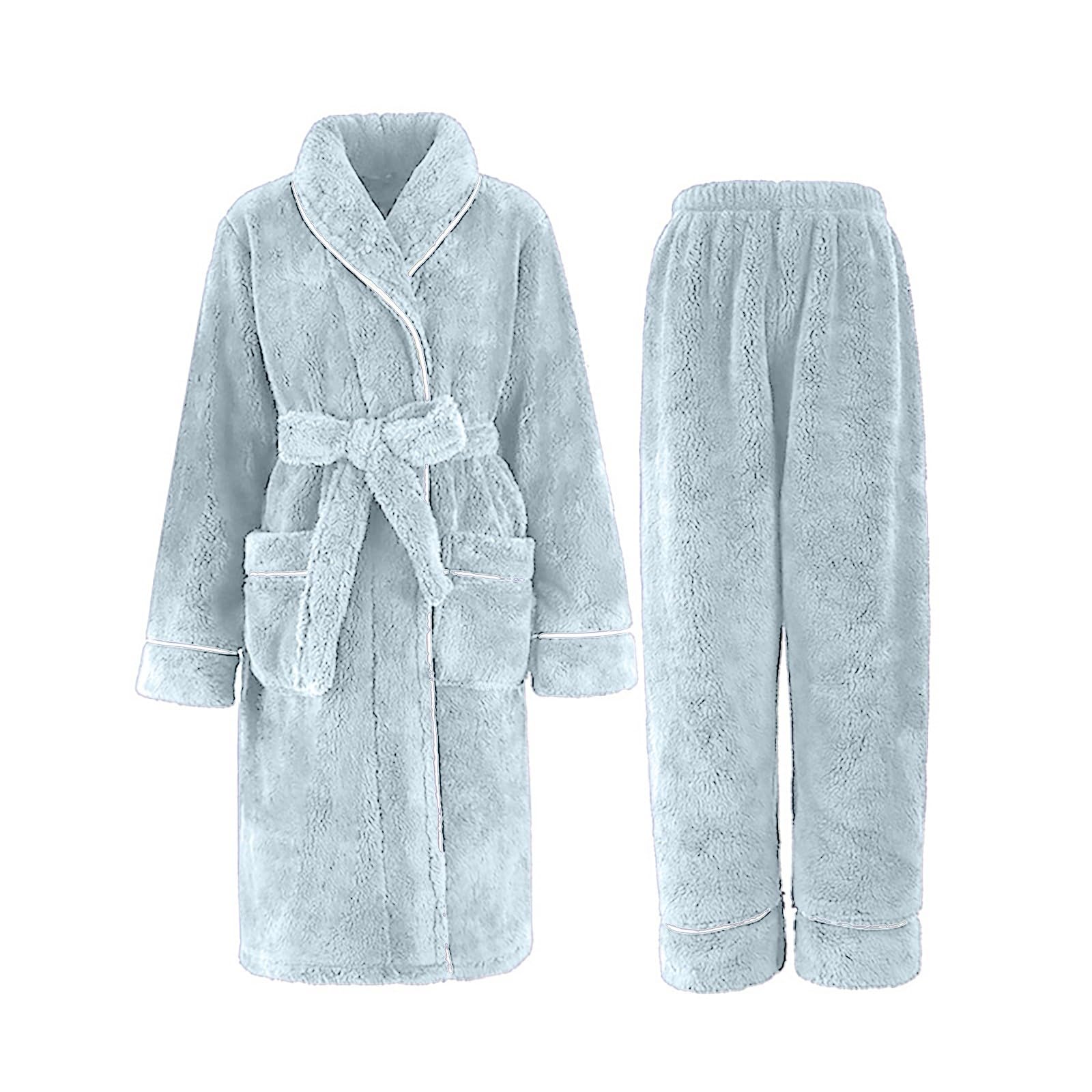 Conjunto de pijama de forro polar para mujer, bata de baño y pantalones sin cierre, conjunto de 2 piezas con bolsillos, cinturón, sherpa, suave, cómodo, ropa de dormir para el hogar