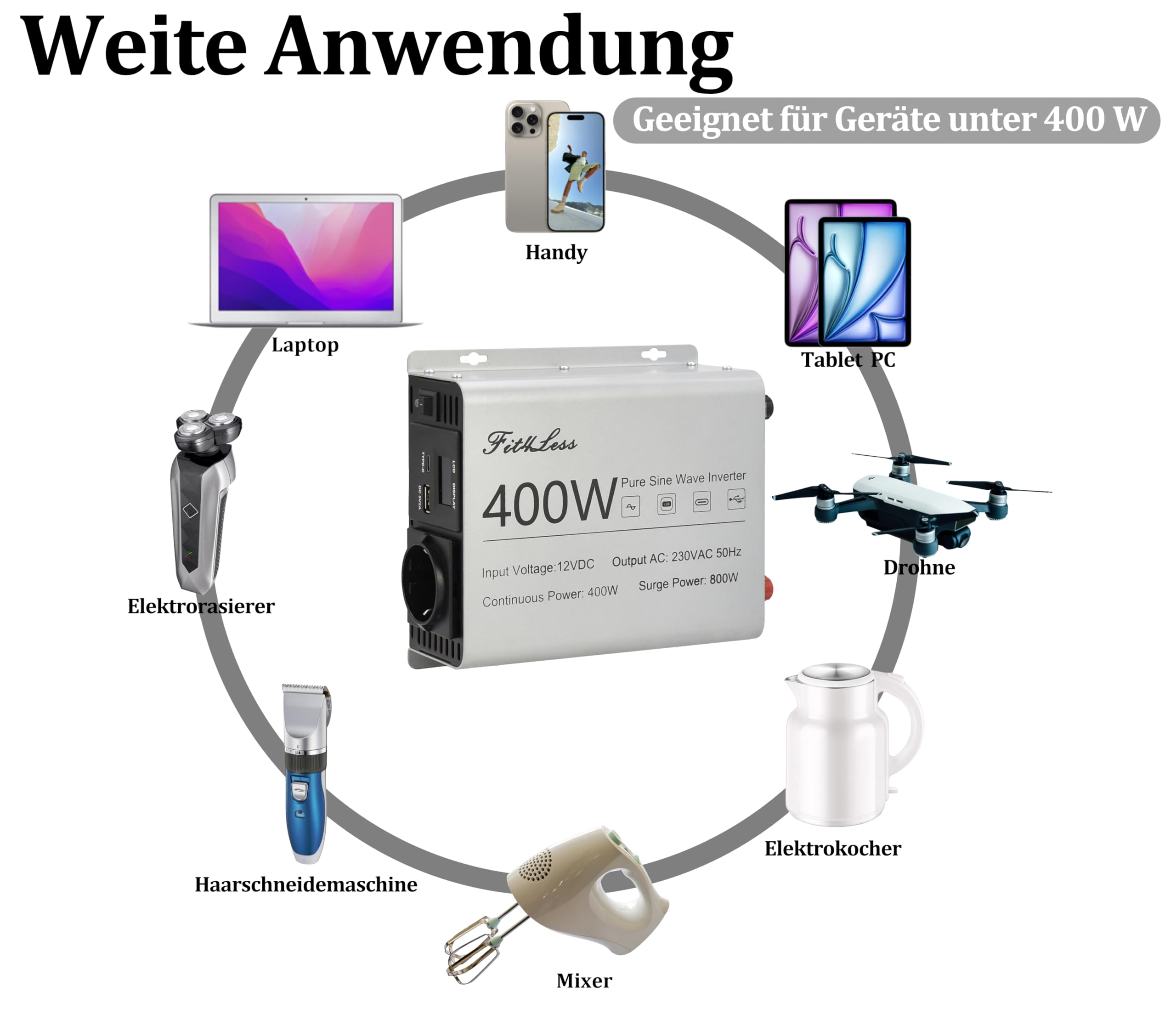 Reiner Sinus-Wechselrichter DC 12 V Eingang und AC 230 V Ausgang mit LCD-Display, USB-Ausgangsanschluss, Typ-C-Ausgang (400 W)