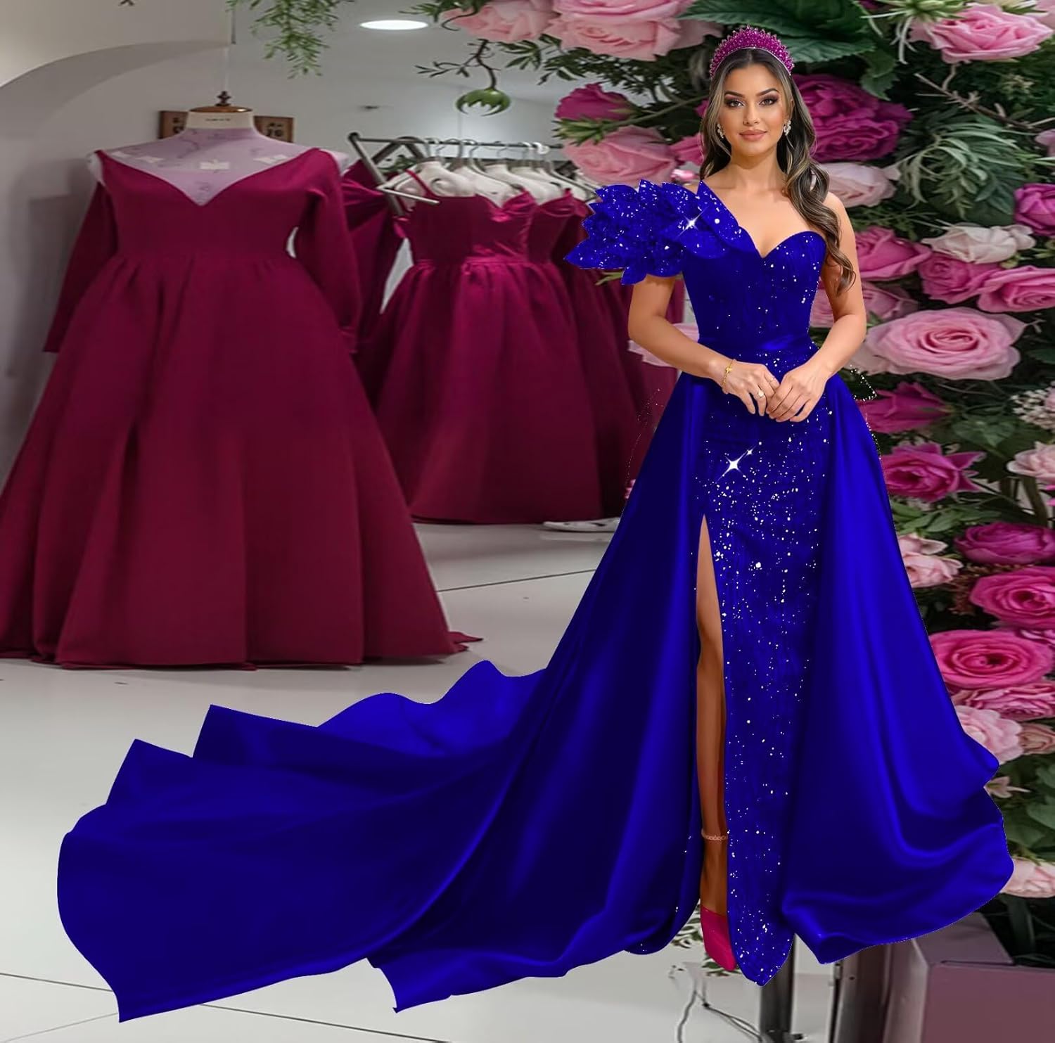 Sequins Leaf Off Shoulder Ball Gowns Satin Prom Dresses for Women Formal Sweetheart Mermaid Evening Dress Slit - Image 7