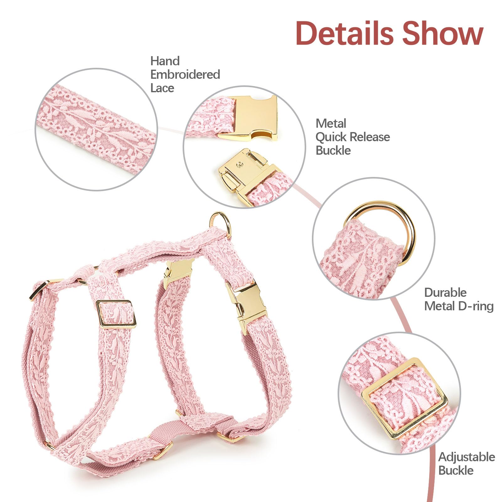UOSIA Large Dog Harness and Leash Set, Adjustable No Pull Pet Halter Harness with Flower & Metal Buckle, Easy Control for Training Walking, Pink,M