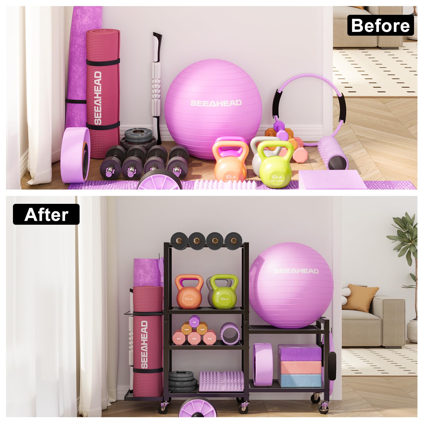6-Tier Home Gym Storage Rack with Wheels, Dumbbell Weight Rack and Yoga Mat Organizer, Multi-Purpose Gym Equipment Storage Stand for Home Gym Accessories
