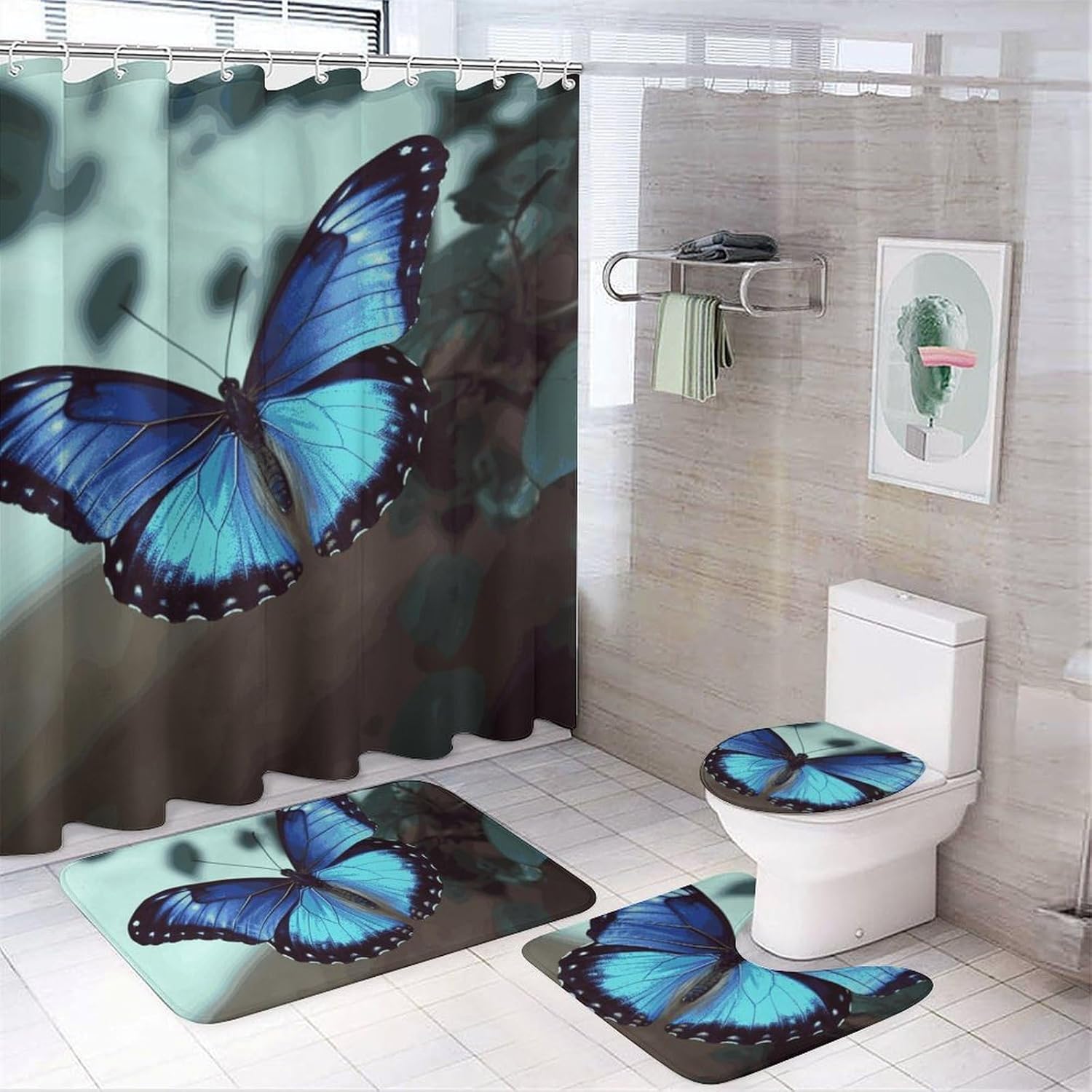 4 Piece Bathroom Rug Set with Shower Curtain, Non-Slip Bath Mat Toilet Cover Set, Blue Butterfly Bathroom Rug Sets