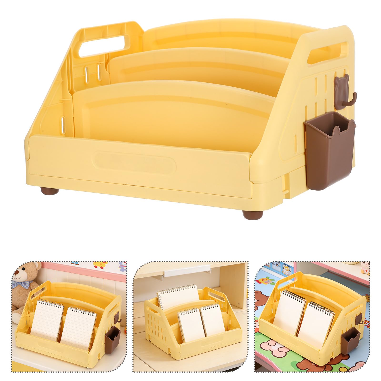 Lurrose Libreria per Gialla a 3 Livelli in Pp con Organizer da Scrivania e Porta Penne Laterale, Design Compatto e Stabile per Cameretta e Scrivania