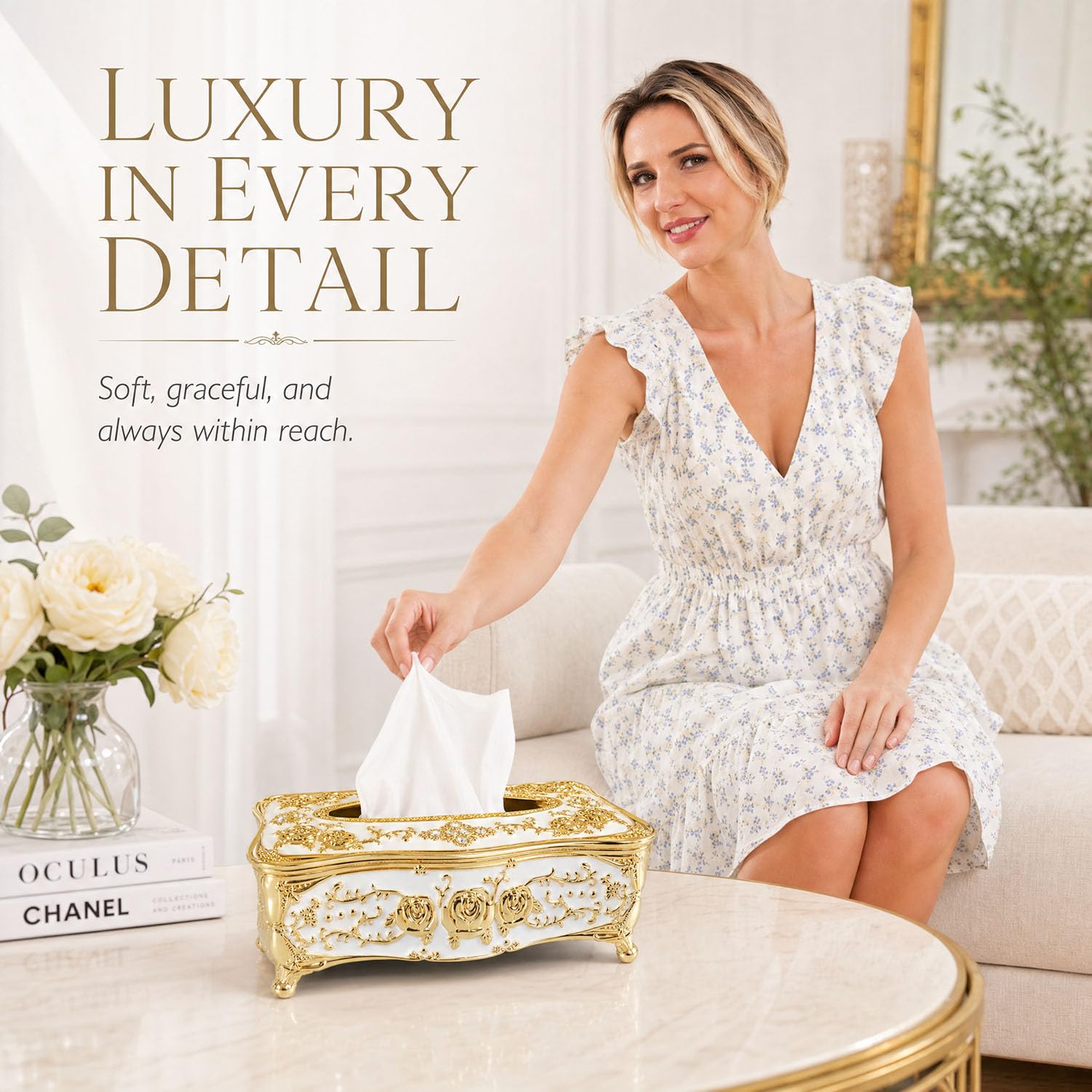 Bling Rhinestone Tissue Box Holder,Luxurious European Style Rose Tissue Box Cover for edroom,Office,Bathroom,Home,Travel,Restaurant(Gold&White)