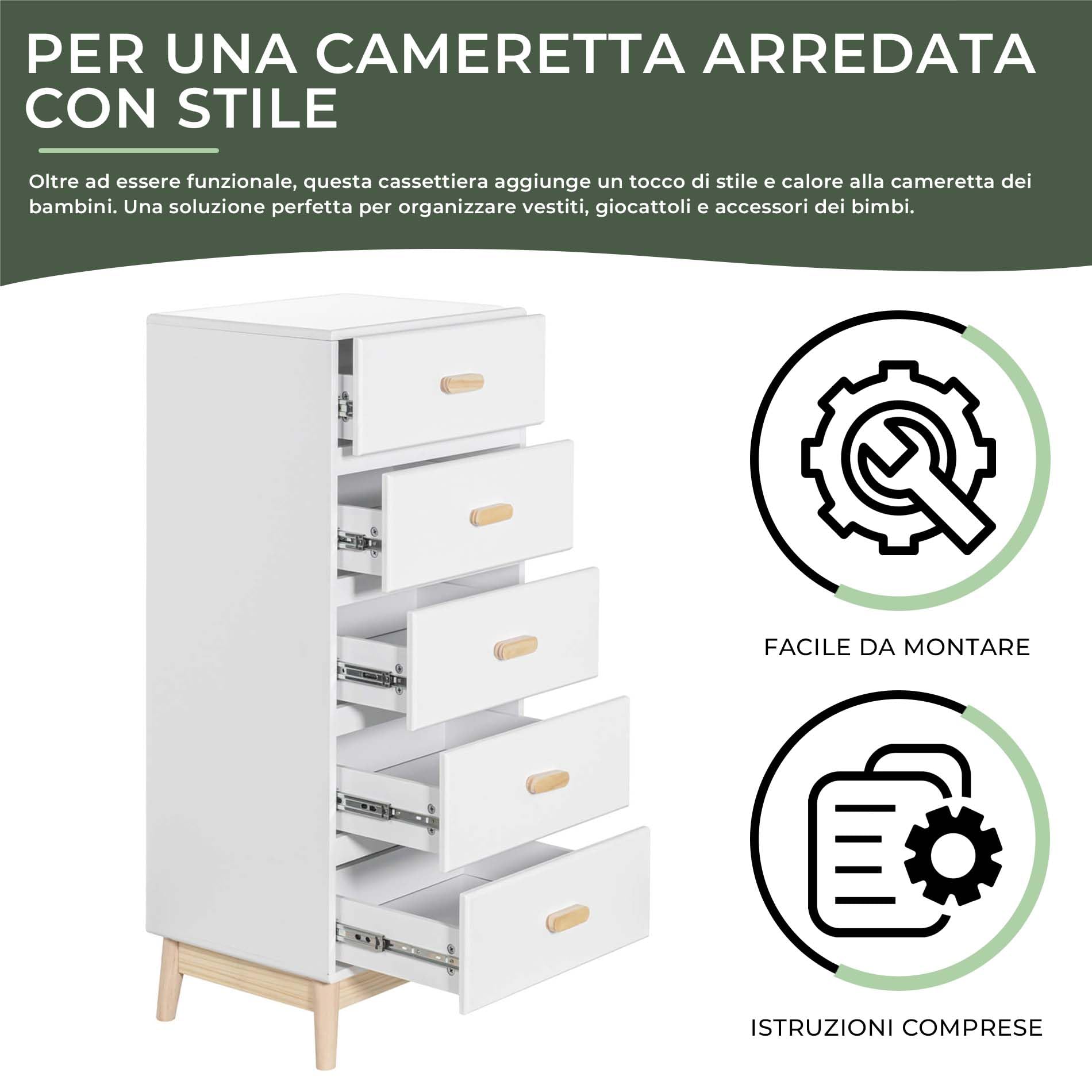 Rebecca Mobili Cassettiera per Cameretta, Cassettiera per Bambini, Bianco Marrone, MDF Pino, con 5 Cassetti, con Sistema Anti Ribaltamento - Misure HxLxP: 115 x 50 x 40 cm - Art. RE6980