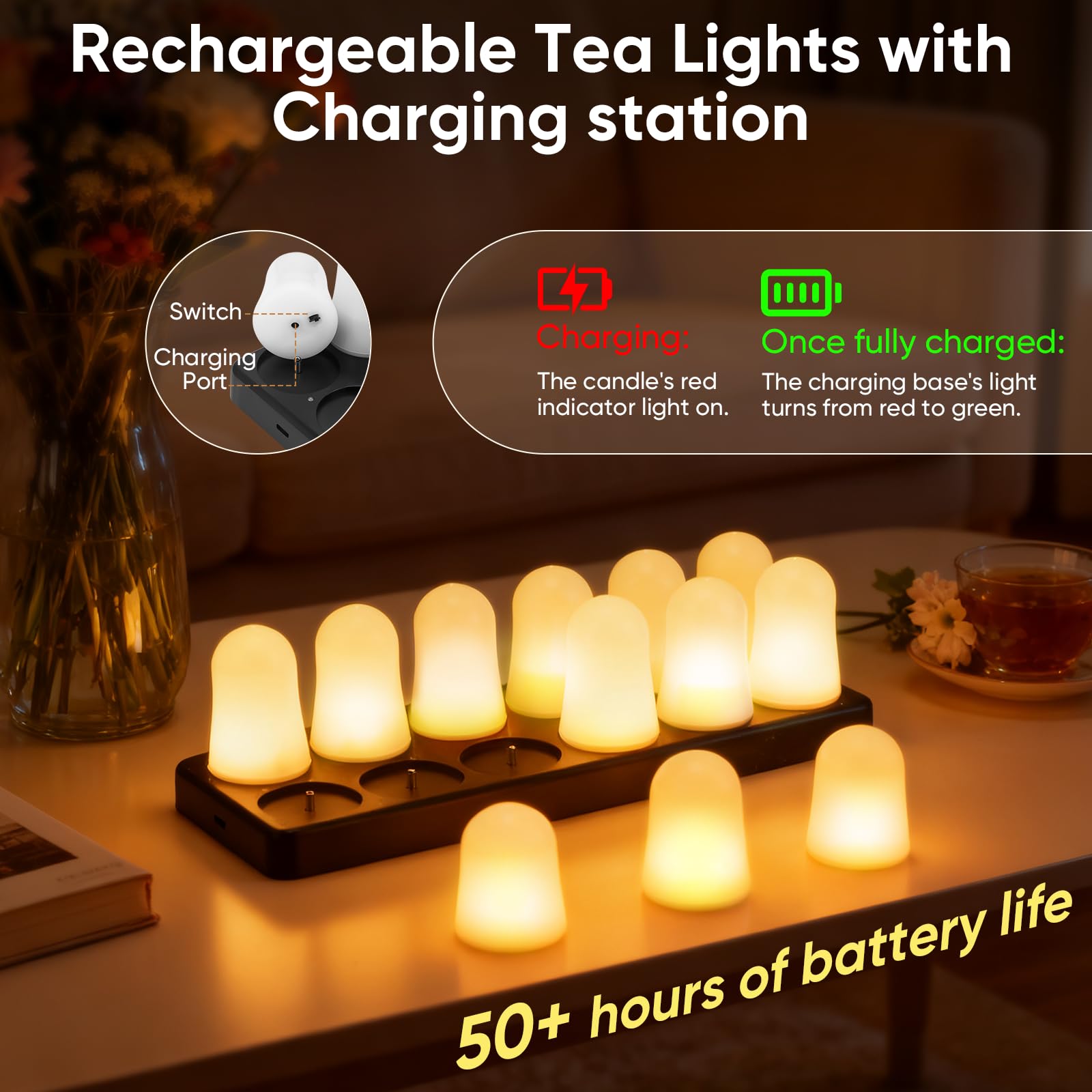 Candele a LED RGB, confezione da 12, multicolore con bianco caldo, base magnetica ricaricabile, telecomando, stazione di ricarica, 5 x 5 x 25 cm