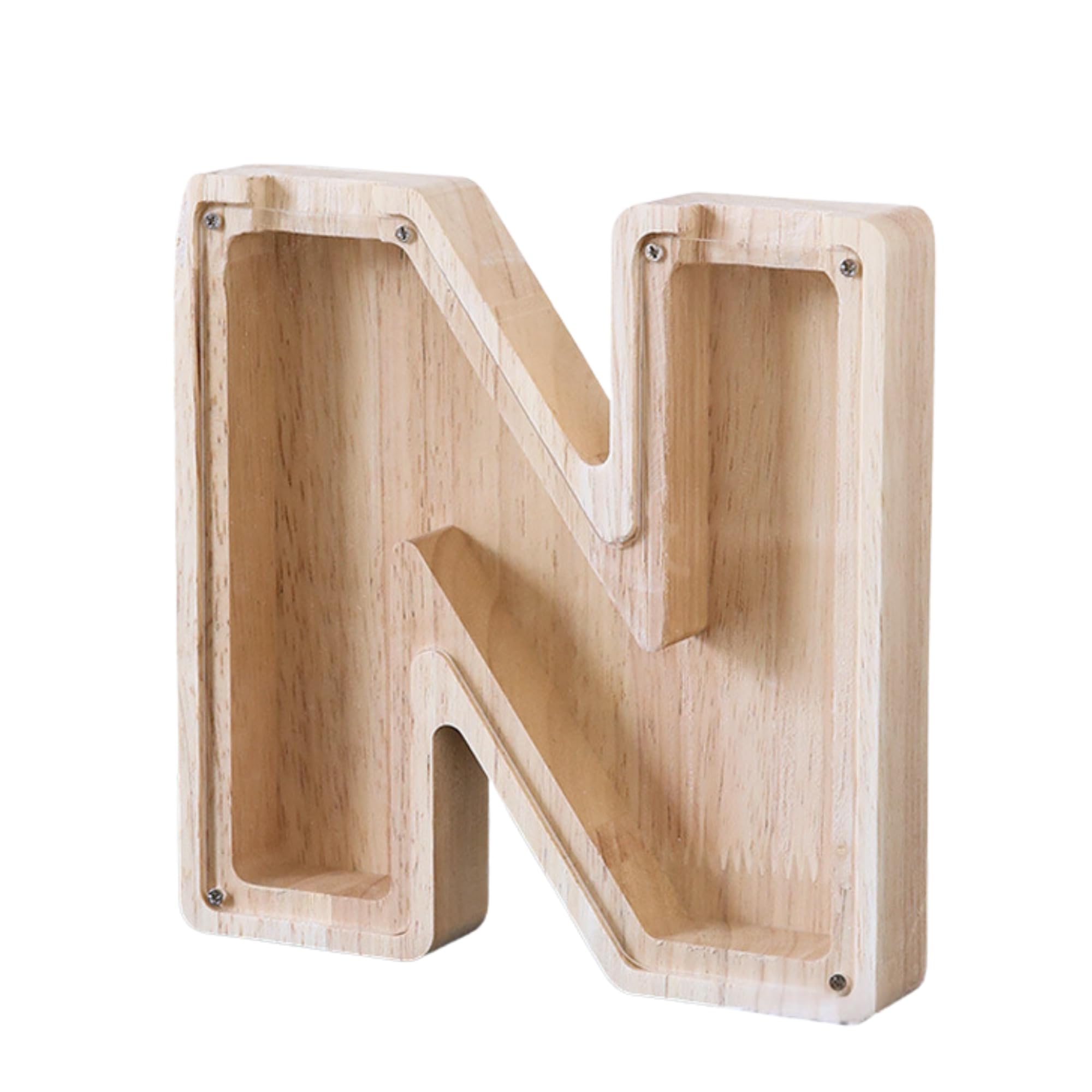 Wooden Alphabet Piggy Bank Clear Acrylic Panel Money Box Personalized Coin Savings Bank for Kids Boys Girls Adults, Birthday Home Décor (N)